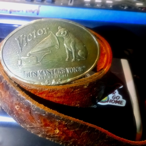 Vintage Handmade Leather Cowpunk Belt w/ Tiffany & Co.- Victor Records Buckle
